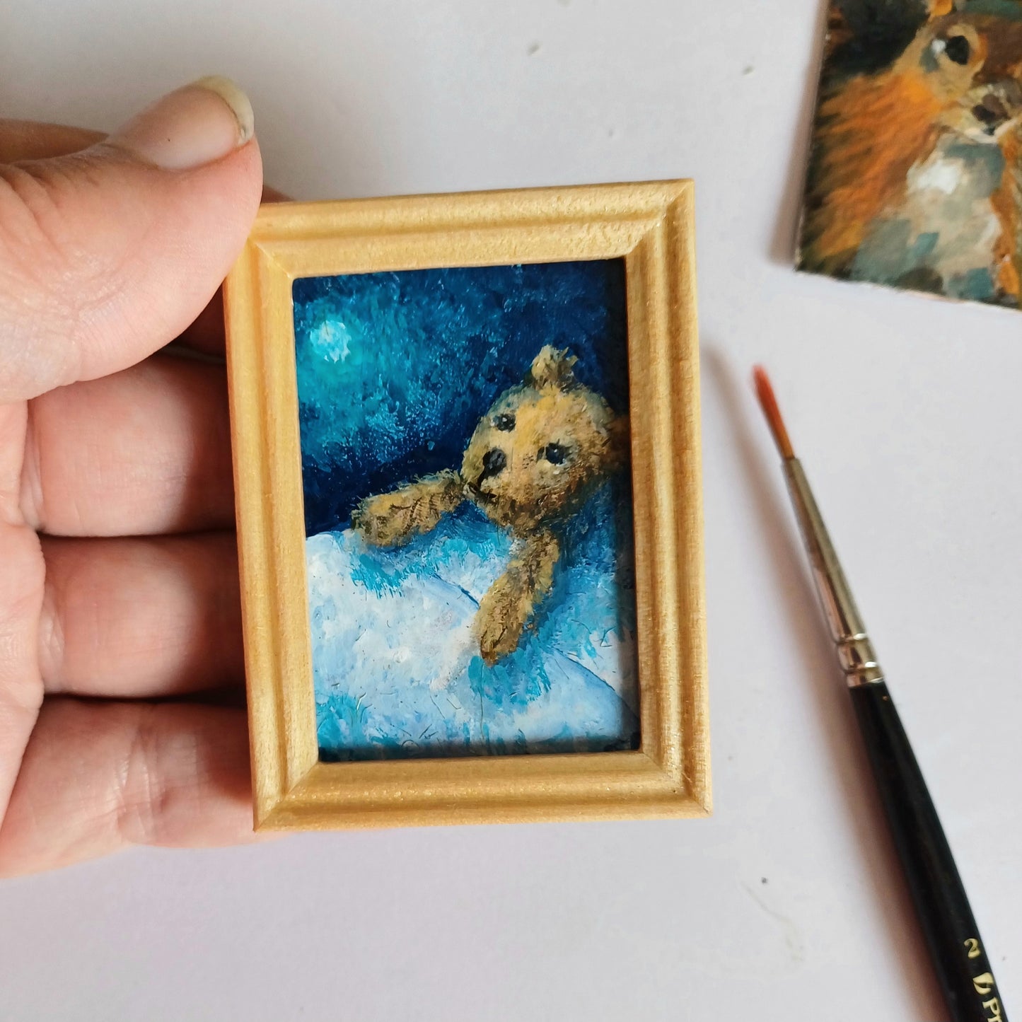 Sweet Dreams Teddy Bear Miniature Oil Painting