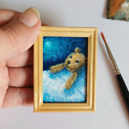 Sweet Dreams Teddy Bear Miniature Oil Painting