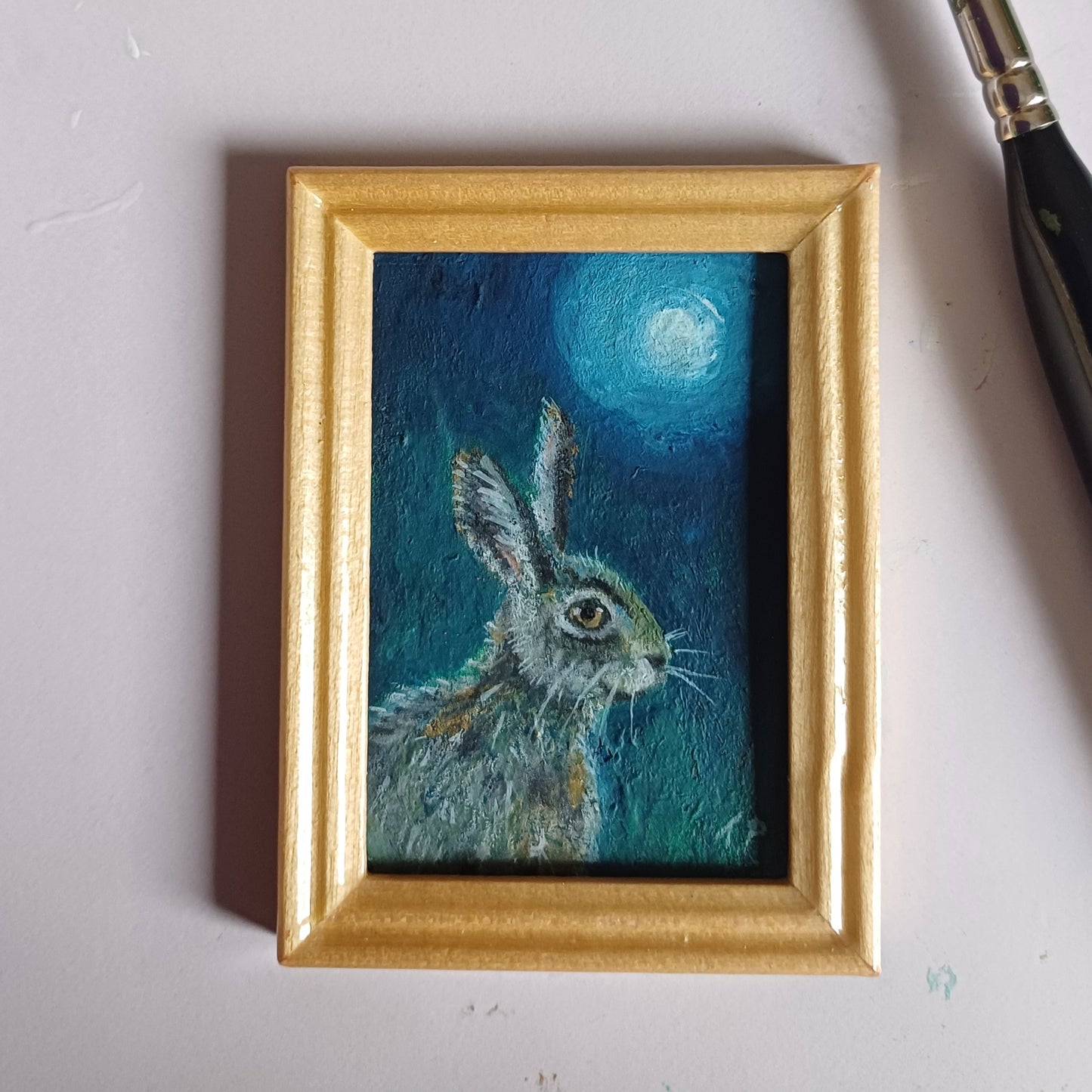 Moonlit Hare Miniature Oil Painting