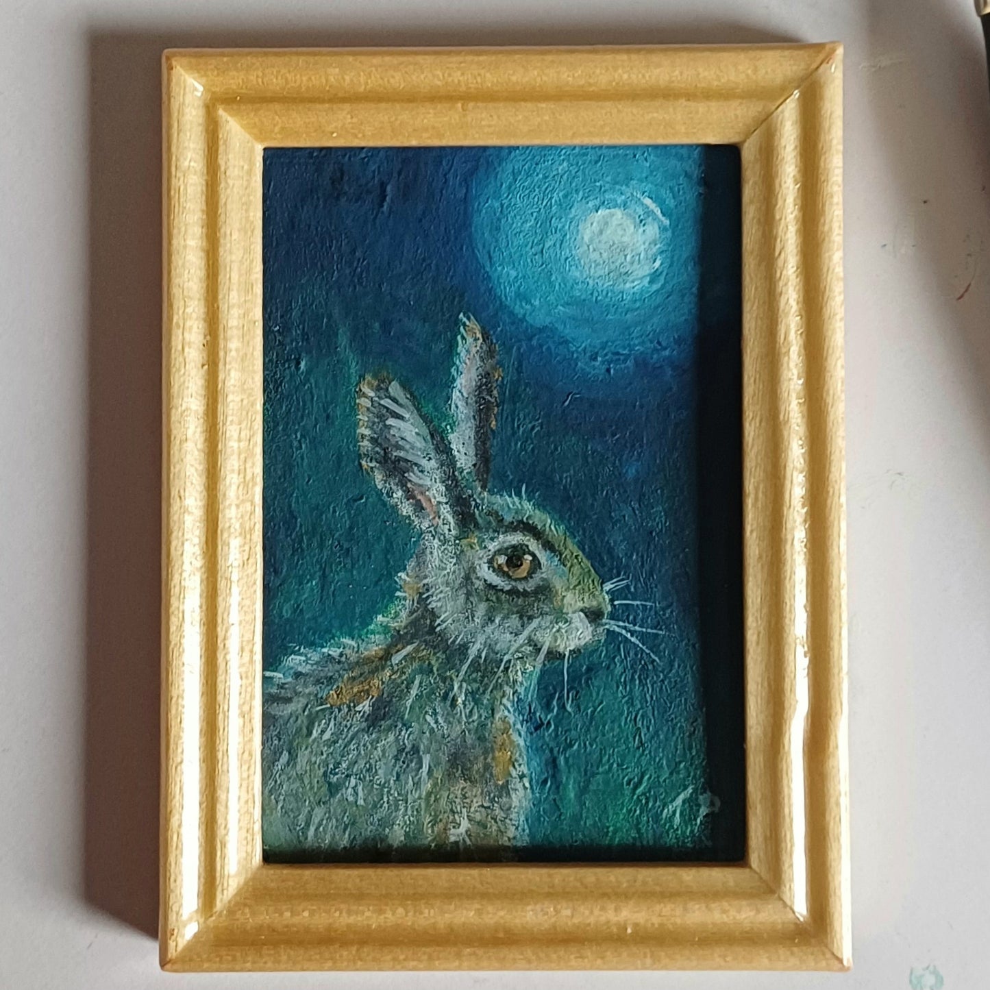 Moonlit Hare Miniature Oil Painting