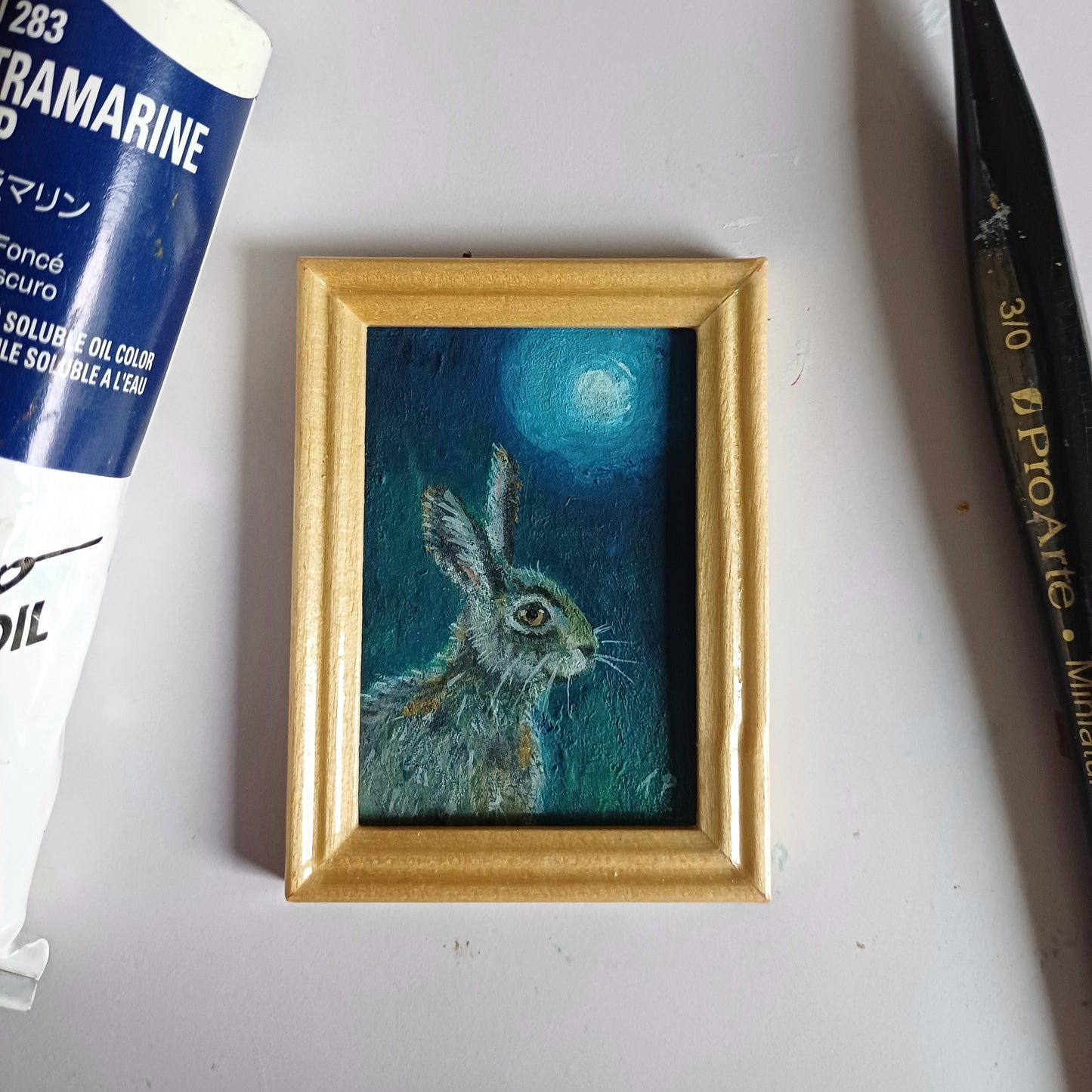 Moonlit Hare Miniature Oil Painting